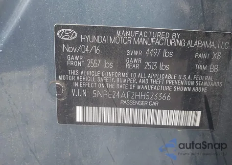 2017 Hyundai Sonata Se z USA, uszkodzony, nr VIN 5NPE24AF2HH523366
